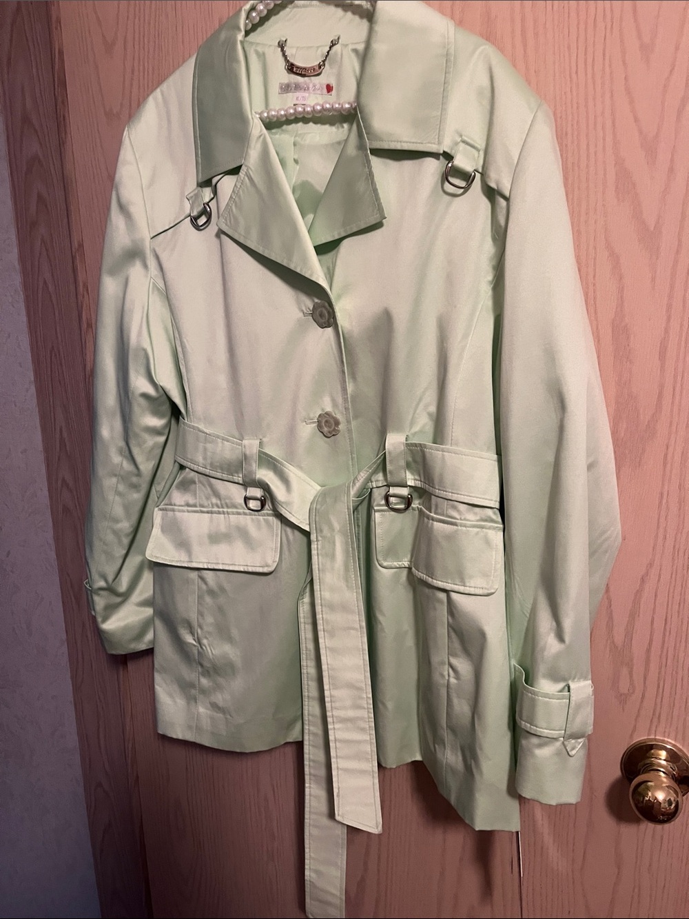Women's Mint Green Belted Trench Coat with Flap Pockets